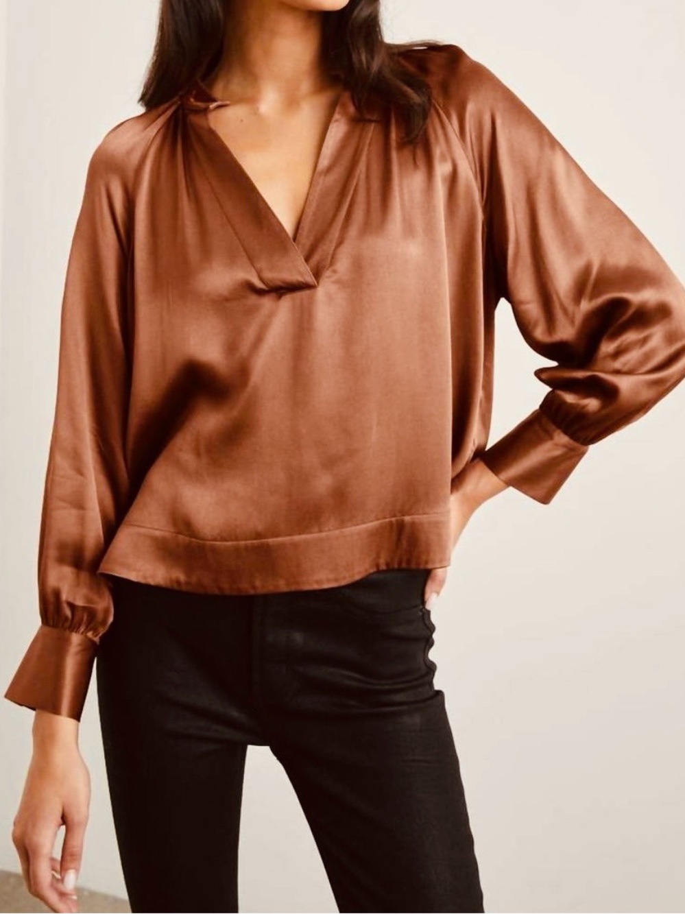 NWT Rails Women’s Satin V-Neck Long Sleeve Wynna Blouse in Copper Brown  - Small - Picture 3 of 11